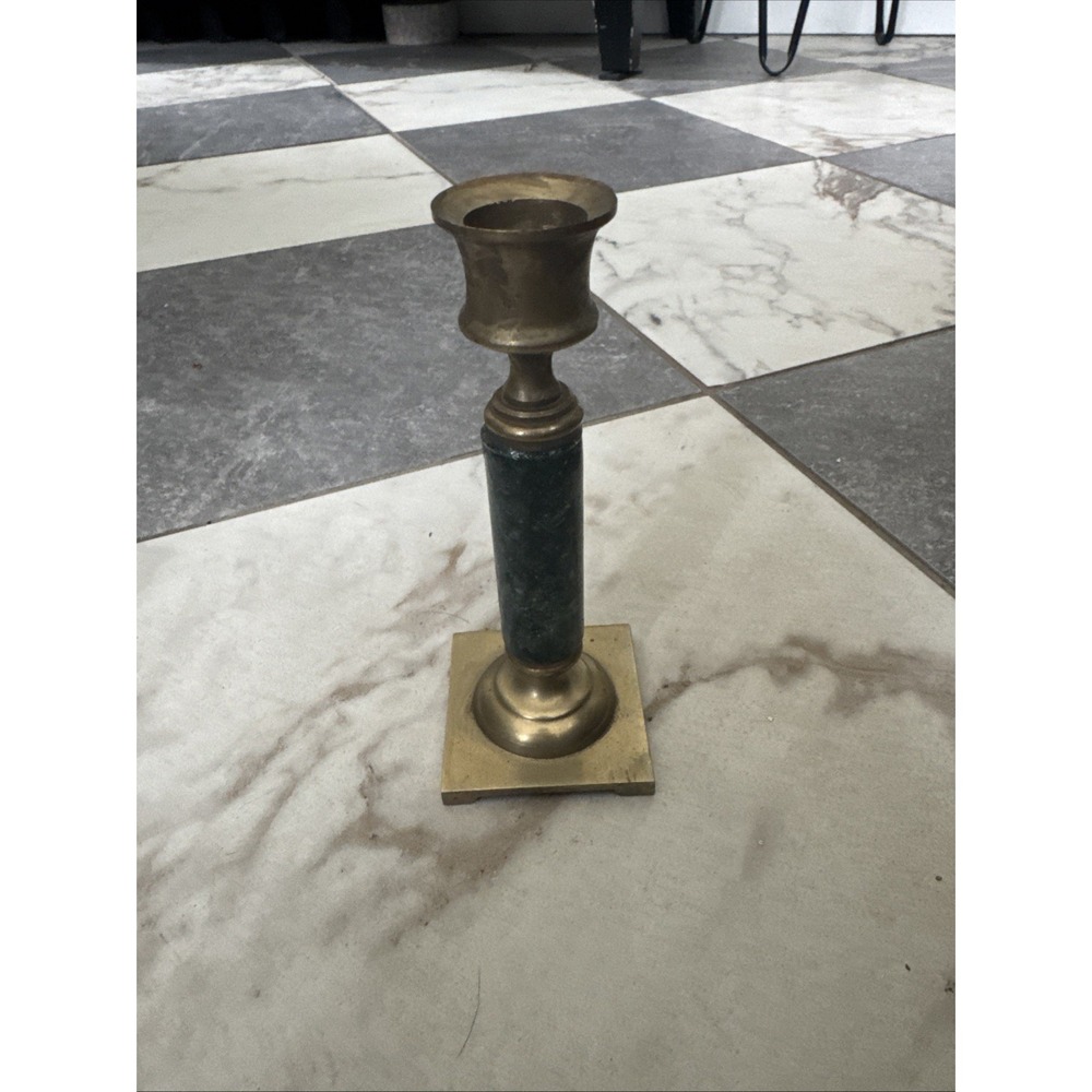 Vintage Brass Candlestick with Green Marble Stem 5.75in Tall Candle Holder